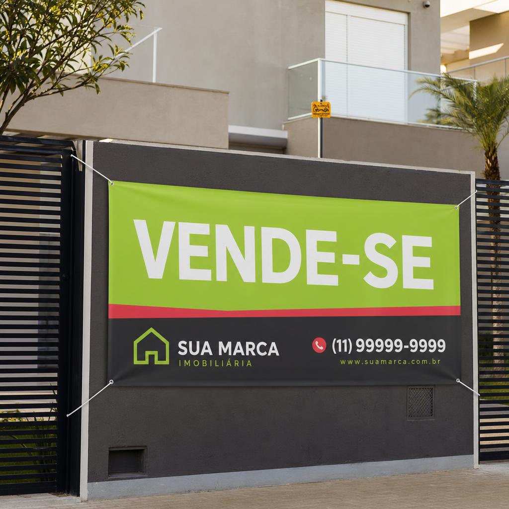 Faixa em lona de vende-se instalada no muro de uma casa