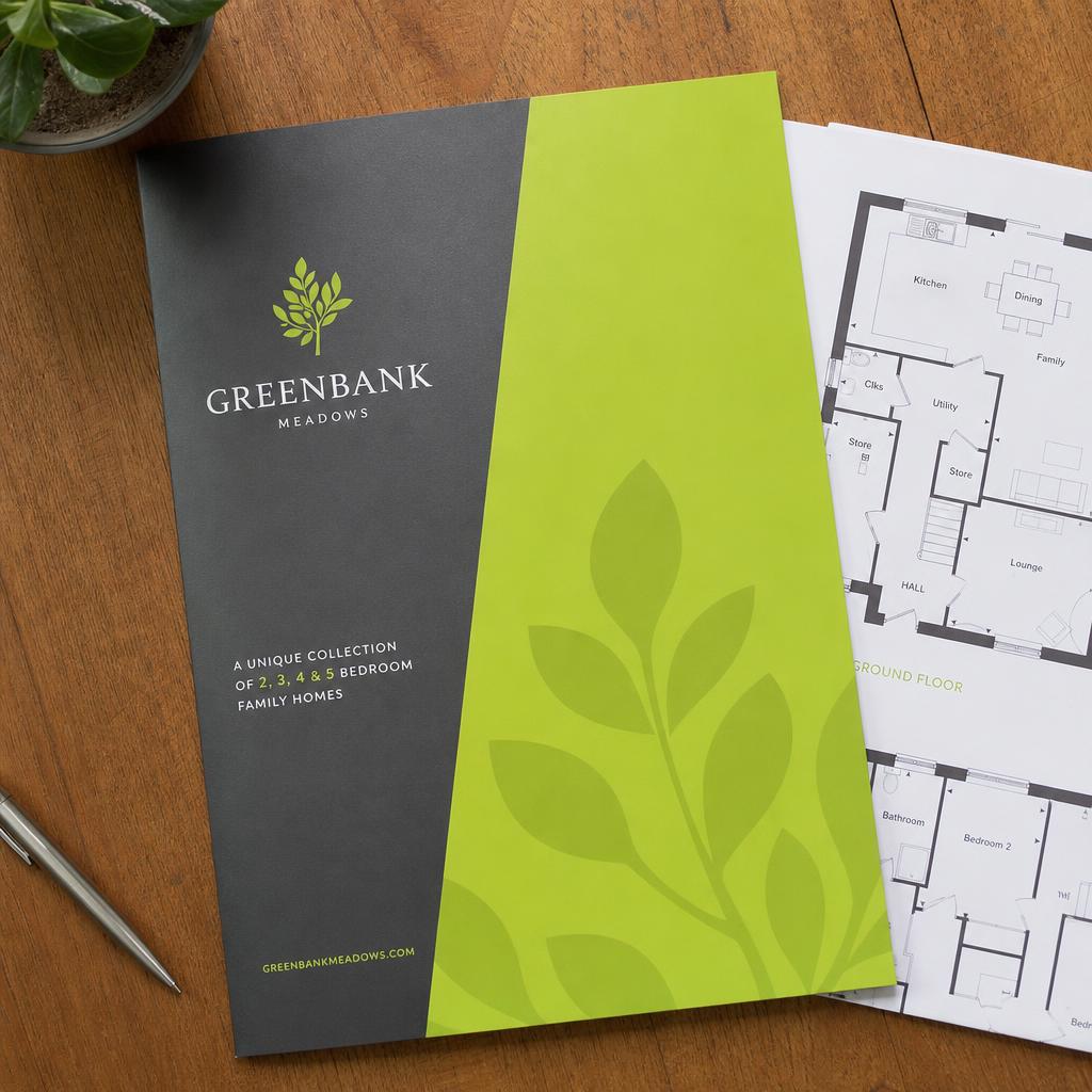 Folder impresso de empreendimento imobiliário sobre a mesa