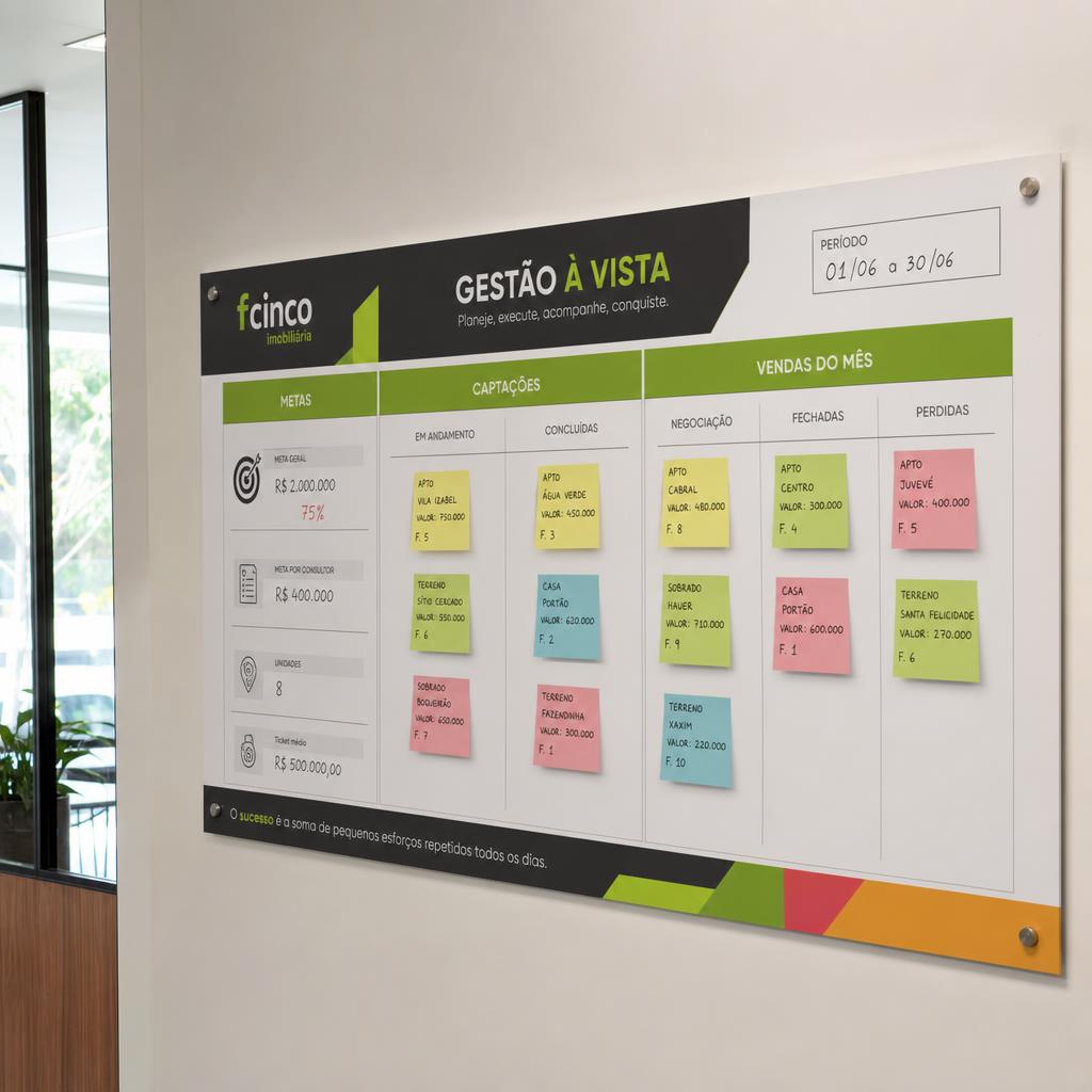Painel de gestão à vista instalado na parede de uma imobiliária para organização mensal